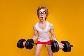 Portrait of his he nice funky motivated amazed comic childish foxy guy doing work out trainer...