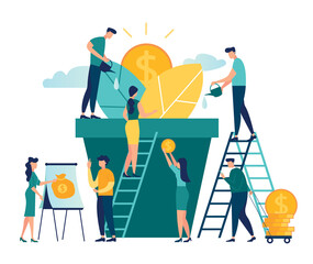 Vector creative illustration of business graphics, the company is engaged in teamwork, career growth to success, flat color icons, business analysis, cash profit, money tree