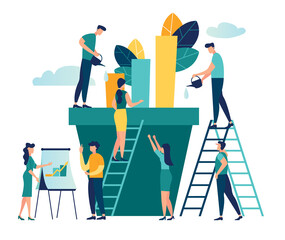 Vector creative illustration of business graphics, the company is engaged in the joint construction of column graphs, the rise of the career to success, flat color icons, business analysis 