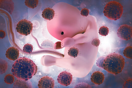 Virus infected human fetus on scientific background.