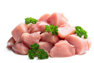 Raw chicken breast fillet chunks with parsley herb isolated on white © lena_zajchikova