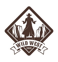 Vintage western emblem - cowboy with guns. Retro wild west badge - gunfighter with pistols. Vector illustration.
