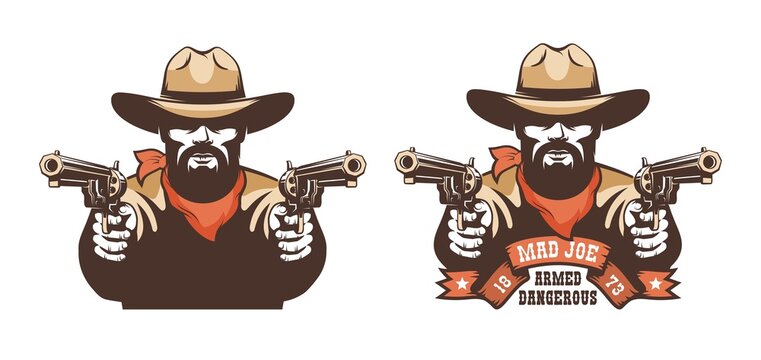 Bearded cowboy western gunfighter with guns. Wild west gunslinger - retro emblem. Vector illustration.