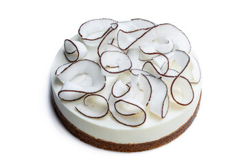 Homemade cheesecake decorated with fresh coconut flakes isolated on white