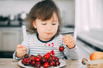 A little Girl is eating cherries, holding berries in her hands and smiling