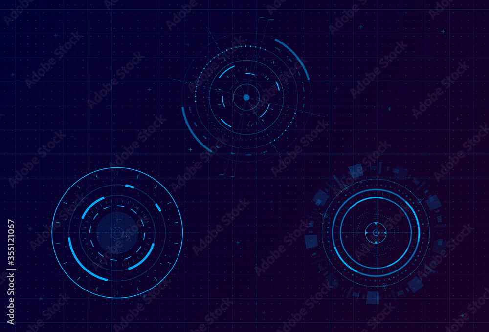 Poster Set of HUD circle infographic elements. Sci-fi round head-up display for futuristic user interface HUD, UI, GUI. Tech and science theme. Editable stroke. Good for animation. Vector