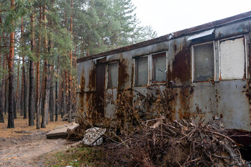 Fototapeta na wymiar Abandoned house in the woods. Urban nature landscape. Close-up