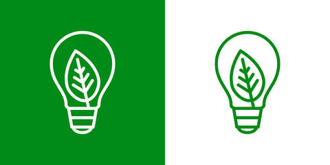 Símbolo de energía eléctrica natural. Icono plano lineal bombilla con hoja de planta en fondo verde y fondo blanco © teracreonte