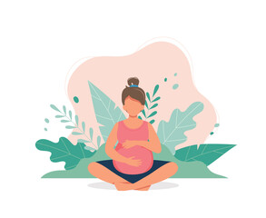 Pregnant woman doing prenatal yoga. Pregnancy health concept. Cute illustration in flat style