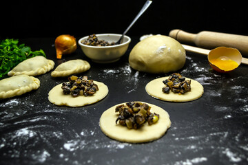 Dumplings with mushrooms, on a black background
