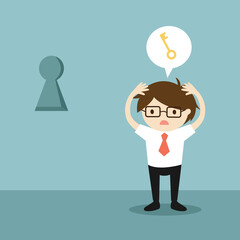 Business concept, Businessman worrying about the key to unlock keyhole on the wall. Vector illustration.