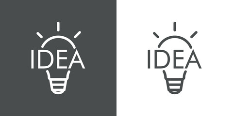 Icono plano lineal palabra IDEA en bombilla con rayos de luz en fondo gris y fondo blanco