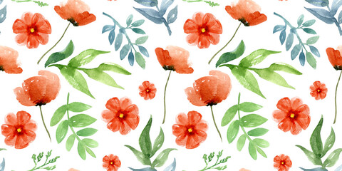 Watercolor seamless pattern of poppy. Hand-drawn illustration isolated on the white background.