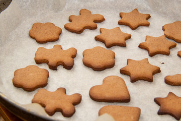 Baking holiday cookies. Hands decorating gingerbread. Christ. Mas and new year.