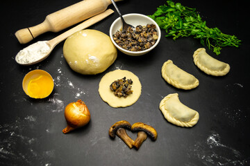 Dumplings with mushrooms, on a black background