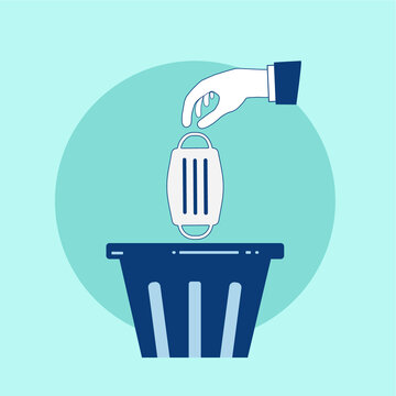 Throwing a dirty mask in the bin. Flat design with hand, mask and recycle bin icon