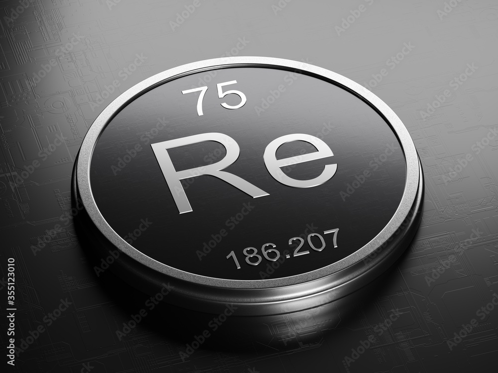 Poster rhenium element from periodic table on futuristic round shiny metallic icon 3d render