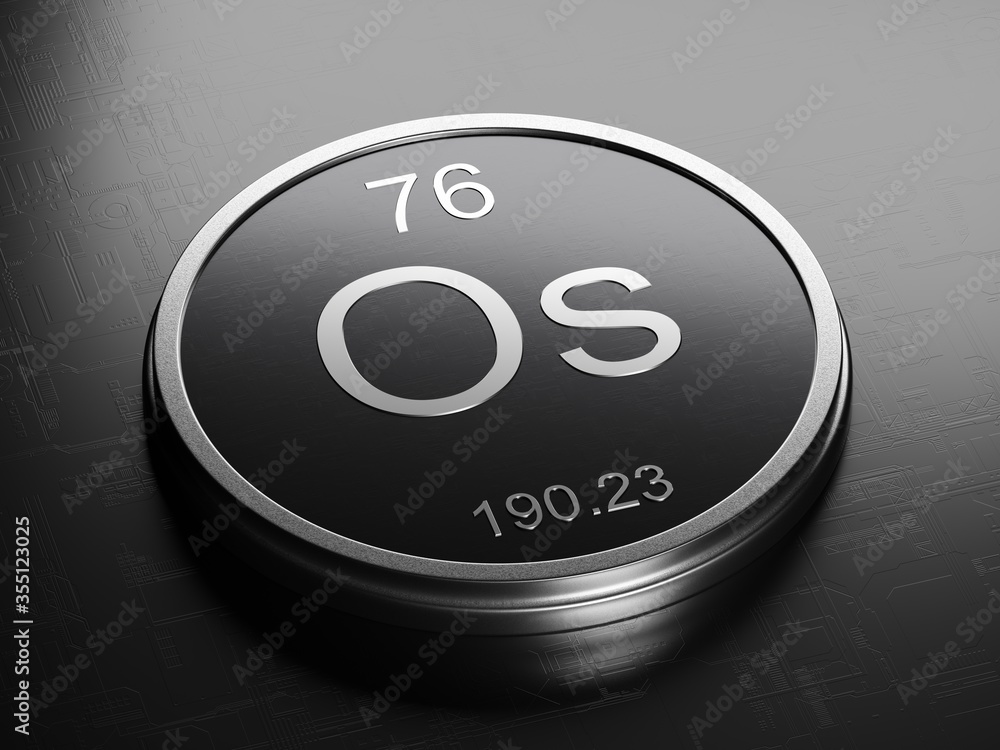 Poster osmium element from periodic table on futuristic round shiny metallic icon 3d render