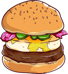 burger with egg and bacon illustration with color and outline