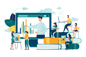 Vector flat illustration, online training courses for employees, training skills enhancement, people sit at a conference and look at the big screen, the analysis of infographics