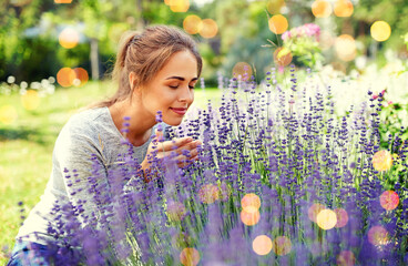 gardening and people concept - happy young woman smelling lavender flowers at summer garden over festive lights background
