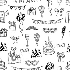birthday elements seamless pattern using doodle art