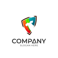 Logo vector of shirt/clothes inside the shield. Simple colorful style. Laundry and clothing logo template ready for use.