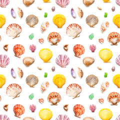 Seamless photo pattern with different sea shells. Flat lay with colorful mollusc shells, corals and wave-worn pieces of glass and stones. Top view on finds from ocean beach.