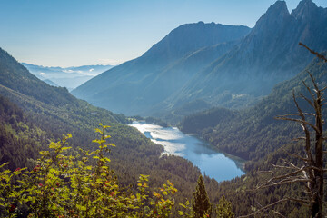 Obraz premium El Mirador de L'Estany, viewpoint, lookout and nature and landscape during hiking in the Spanish Pyrenees