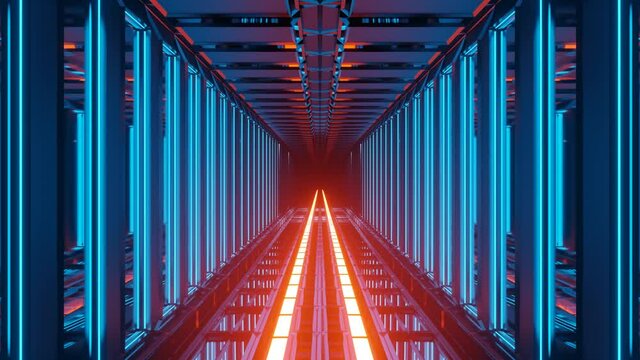 Motion graphics sci fi: teal framed mirrors lining enclosed tunnel with straight orange railroad tracks for travel, concept