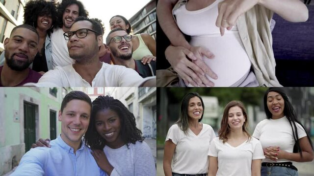 Happy cheerful couples and friends waving hello, enjoying leisure outdoors, speaking at camera, using gadget for video call. Closeup, multiscreen montage, collage portraits. Communication concept