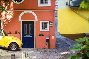 Colorful buildings, cafes and restaurants on the street. It is a touristic street in Sultanahmet area. Strret color.