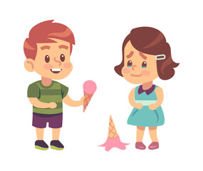 Polite children. Cute boy treats thankful girl to ice cream like symbol of kids good manners vector concept