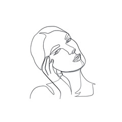 Female head silhouette drawn in one continuous line. Linear glamour logo in minimal design for hair stylist, makeup artist, beauty salon and cosmetology.