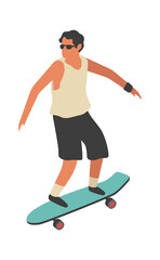 Obraz premium Man rides skateboard. Happy young guy skateboarding flat vector street activities concept