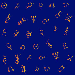 Astrological vector pattern. Astronomical symbols of planets and asteroids are drawn by hand on a dark blue background. Mystical illustration in the Doodle style. Original decoration and design.