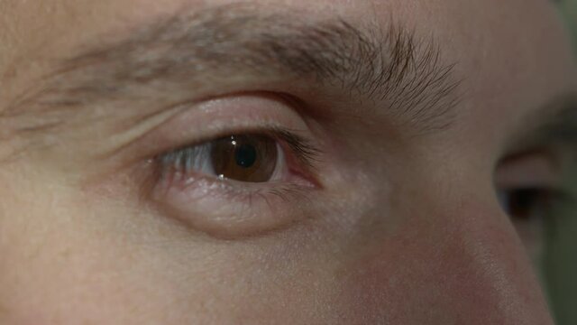 High quality close-up 4k slow motion video of a man eye blinking during the conversation