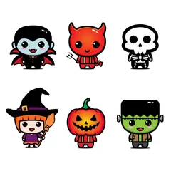 Fotobehang Set of children in Halloween costumes. Skeleton, witch, zombie, death, ghost, mummy and vampire. Black cat and bats flat icons © Tuba Reza