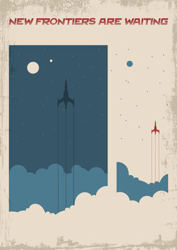 Retro Soviet Space Missions Propaganda Poster Style, Space Illustration, Rockets, Stars. Vintage Colors, Grunge Texture Pattern