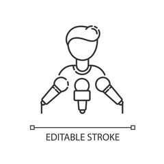 Spokesperson pixel perfect linear icon. Press conference. Speaker on podium with microphones. Thin line customizable illustration. Contour symbol. Vector isolated outline drawing. Editable stroke