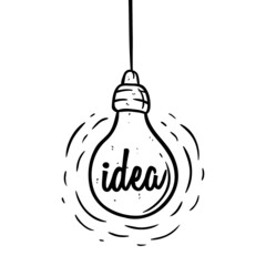 Doodle art hanging light bulb with idea concept