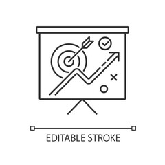 Marketing strategy pixel perfect linear icon. Project presentation. Objective for growth. Thin line customizable illustration. Contour symbol. Vector isolated outline drawing. Editable stroke
