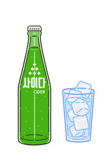 'Cider'. A bottle of lemon-lime soft drink and a glass of drink. A type of soda in Korea. Vector line art illustrations set. The letter on the bottle means cider.