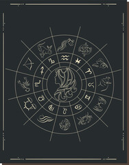 Vector illustration. Different stages of moonlight activity in vintage engraving style. Zodiac Signs