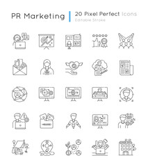 Pr marketing pixel perfect linear icons set. Brand image. Corporate identity. Public relation. Customizable thin line contour symbols. Isolated vector outline illustrations. Editable stroke - obrazy, fototapety, plakaty
