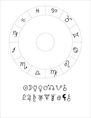 Vector template of a Natal chart for the individual horoscopes. Zodiac circle and the main symbols of planets and signs in astrology. Astronomical icons hand-drawn. Isolated on a white background.