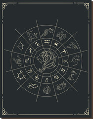 Vector illustration. Different stages of moonlight activity in vintage engraving style. Zodiac Signs