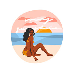 Hand drawn vector abstract stock graphic illustration with young happy black afro american beauty female in swimsuit sitting on sundown beach scene isolated on white background