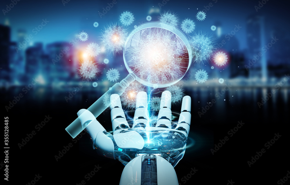 Poster robot analyzing holographic cell projection through magnifying glass 3d rendering