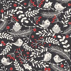 Merry Christmas, Happy New Year seamless pattern with birds, holly leaves and berries for greeting cards, wrapping papers. Seamless winter pattern. Vector illustration.